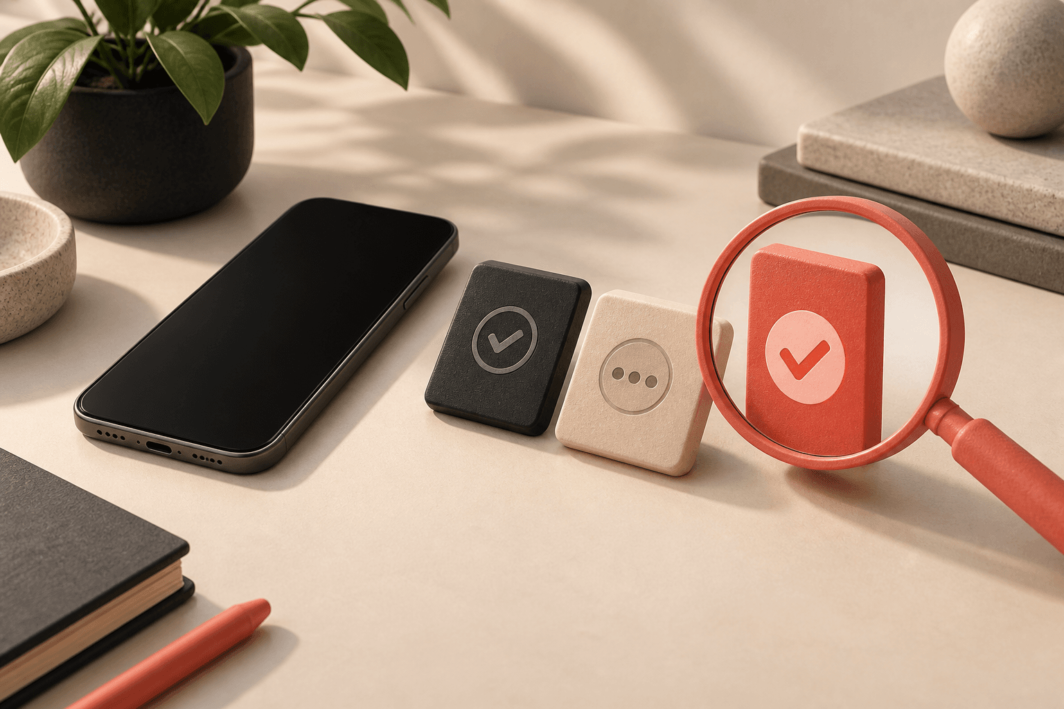 Editorial illustration: a magnifying glass over a result tile beside a phone